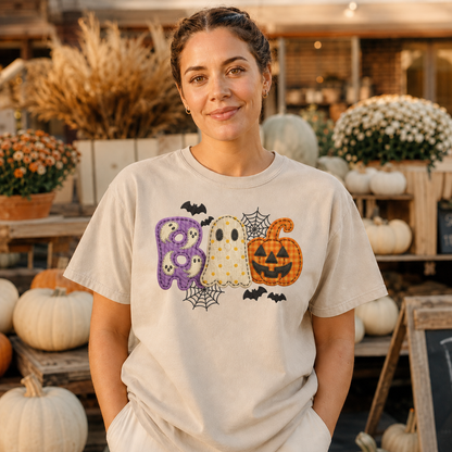 Adult wearing Sandstone Comfort Colors BOO Halloween shirt with purple ghost letter, cream ghost, orange pumpkin, bats and webs