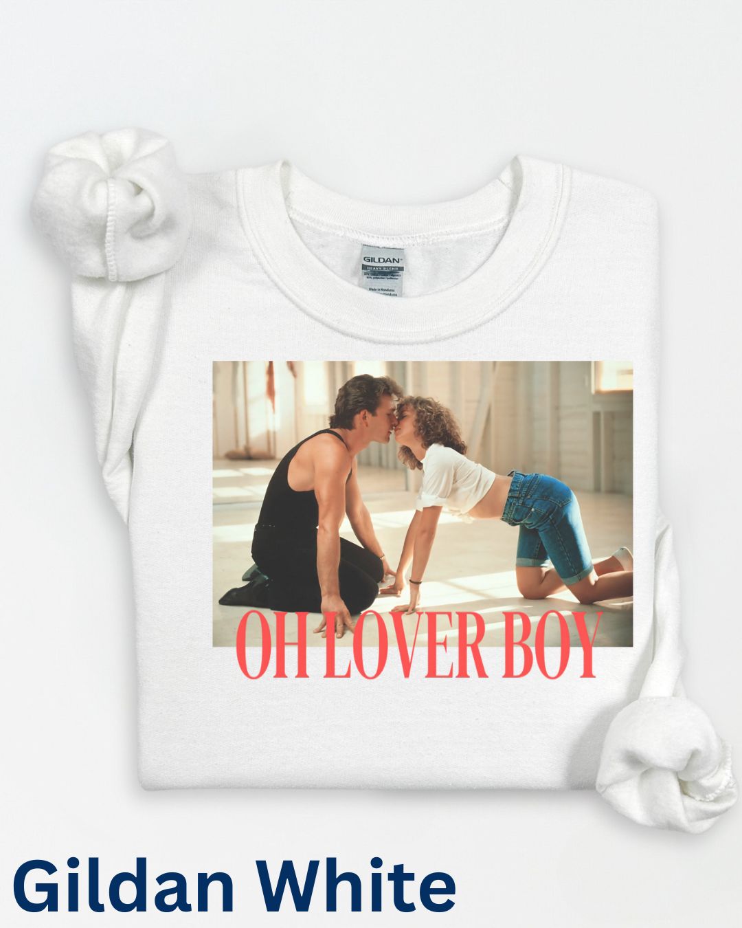 Retro love story sweatshirt on white Gildan crewneck featuring nostalgic romantic movie scene graphic