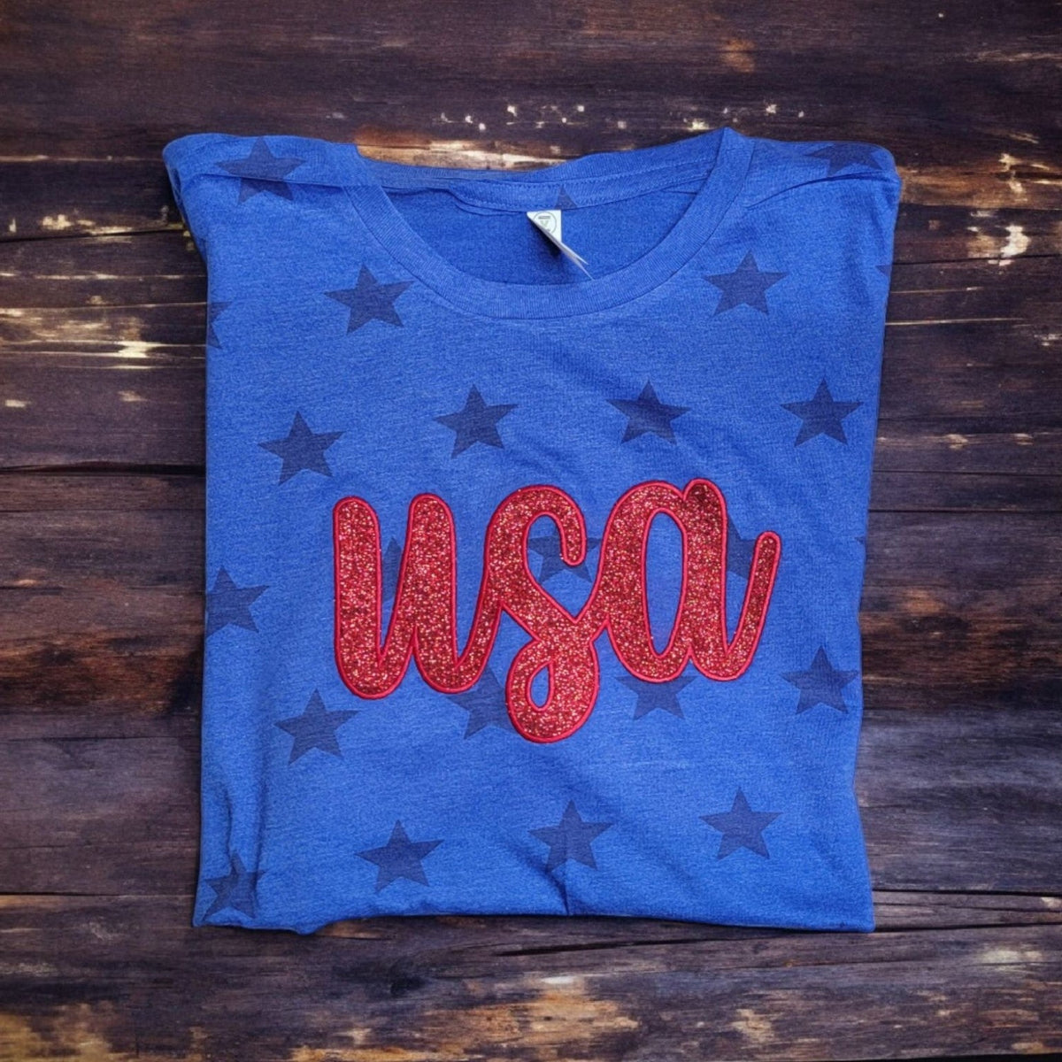 Real Royal Star shirt with red glitter embroidered USA appliqué detail