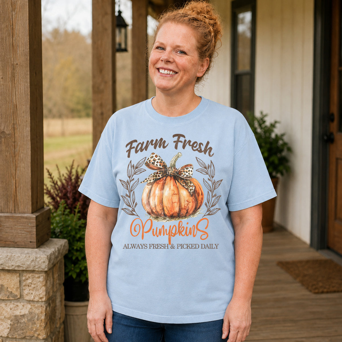 Chambray Comfort Colors rustic pumpkin shirt with Farm Fresh Pumpkins lettering and leopard bow