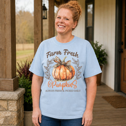 Chambray Comfort Colors rustic pumpkin shirt with Farm Fresh Pumpkins lettering and leopard bow