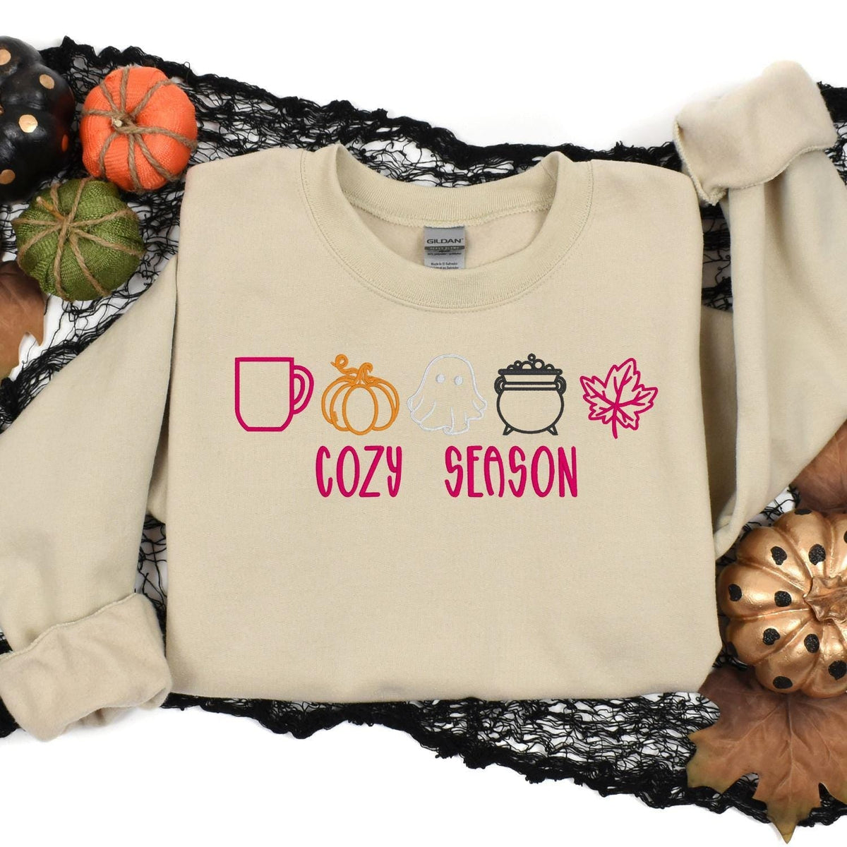Sand autumn Halloween embroidered crewneck styled with pumpkins and black lace