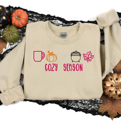 Sand autumn Halloween embroidered crewneck styled with pumpkins and black lace