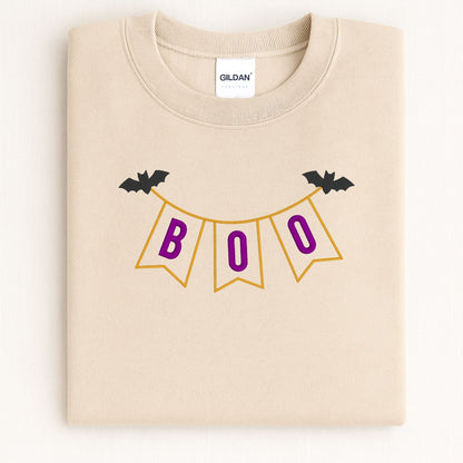 Sand BOO banner applique embroidered sweatshirt flat lay