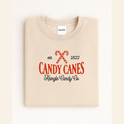 Sand Candy Cane Kringle Candy Co vintage Christmas embroidered crewneck flat lay