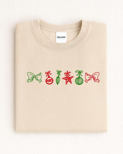 Sand Christmas ornaments embroidered sweatshirt with festive red and green design