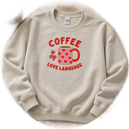 Sand Gildan coffee love language embroidered sweatshirt flat lay