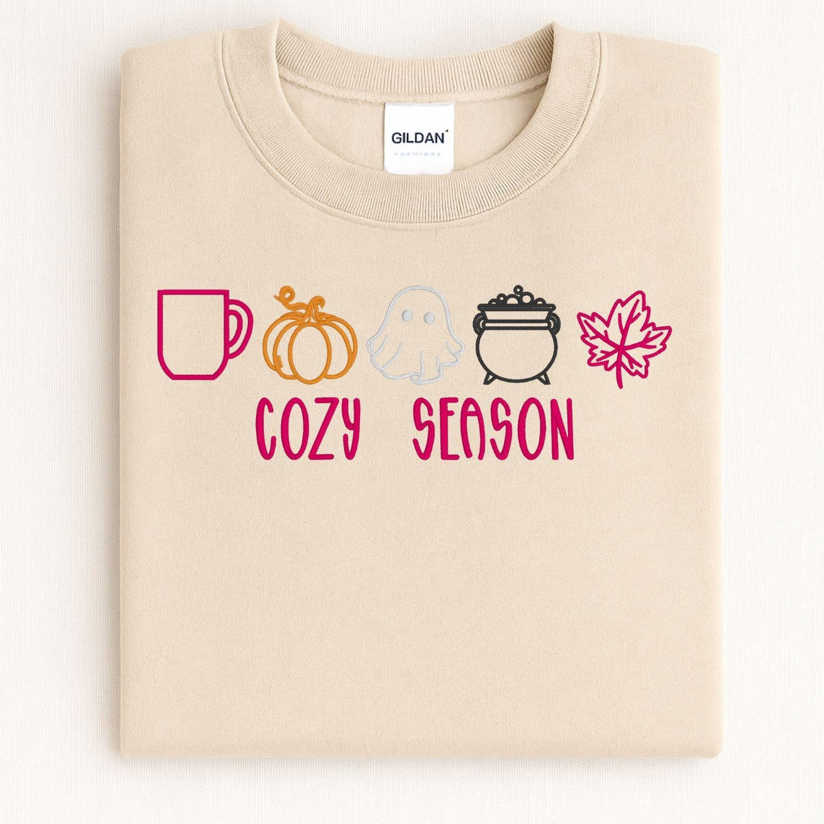 Sand Gildan sweatshirt with Cozy Season ghost and pumpkin embroidery