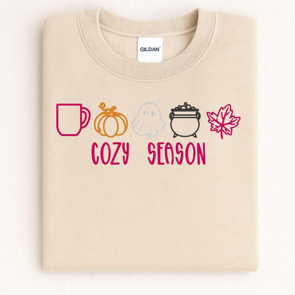 Sand Gildan sweatshirt with Cozy Season ghost and pumpkin embroidery