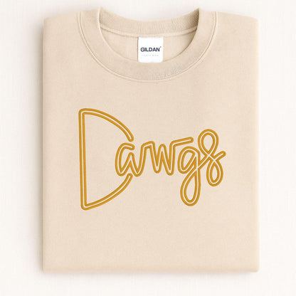 Sand Gildan crewneck with gold embroidered Dawgs script design