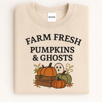 Folded Sand Halloween sweatshirt with embroidered pumpkin crate and ghost