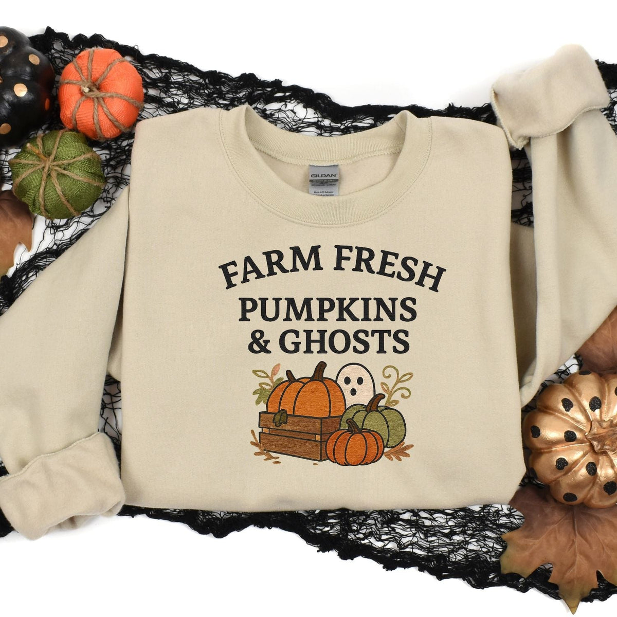 Sand Farm Fresh Pumpkins and Ghosts embroidered crewneck Halloween flat lay