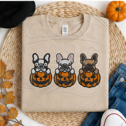 Sand embroidered French bulldog Halloween crewneck flat lay