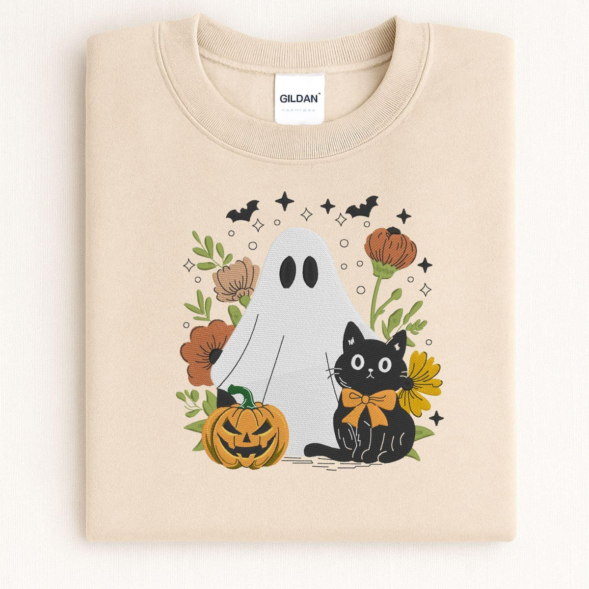 Folded Sand Halloween sweatshirt with embroidered ghost and black cat design