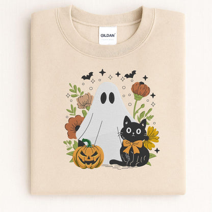 Folded Sand Halloween sweatshirt with embroidered ghost and black cat design