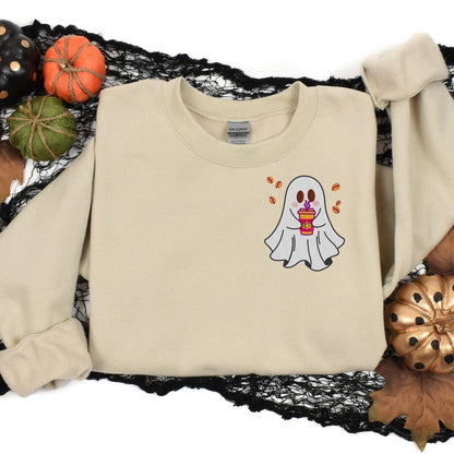 Sand ghost coffee embroidered sweatshirt styled with pumpkins and Halloween decor