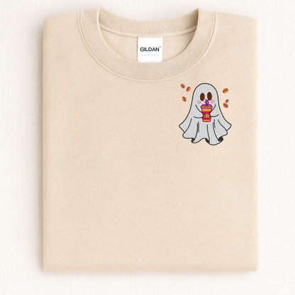 Folded Sand Halloween sweatshirt with embroidered coffee-drinking ghost