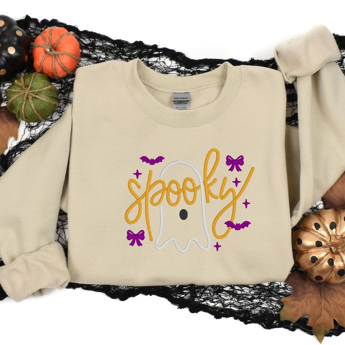 Sand Spooky ghost bow embroidered sweatshirt styled with Halloween pumpkins