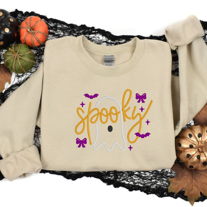 Sand Spooky ghost bow embroidered sweatshirt styled with Halloween pumpkins