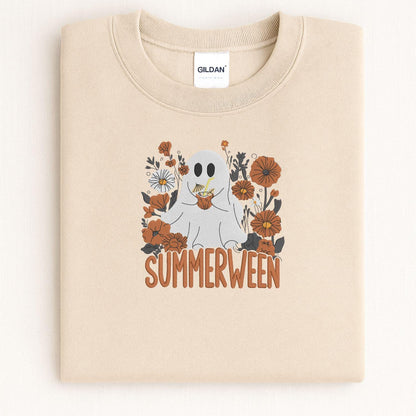 Folded Sand Summerween ghost embroidered sweatshirt showing the full stitched design