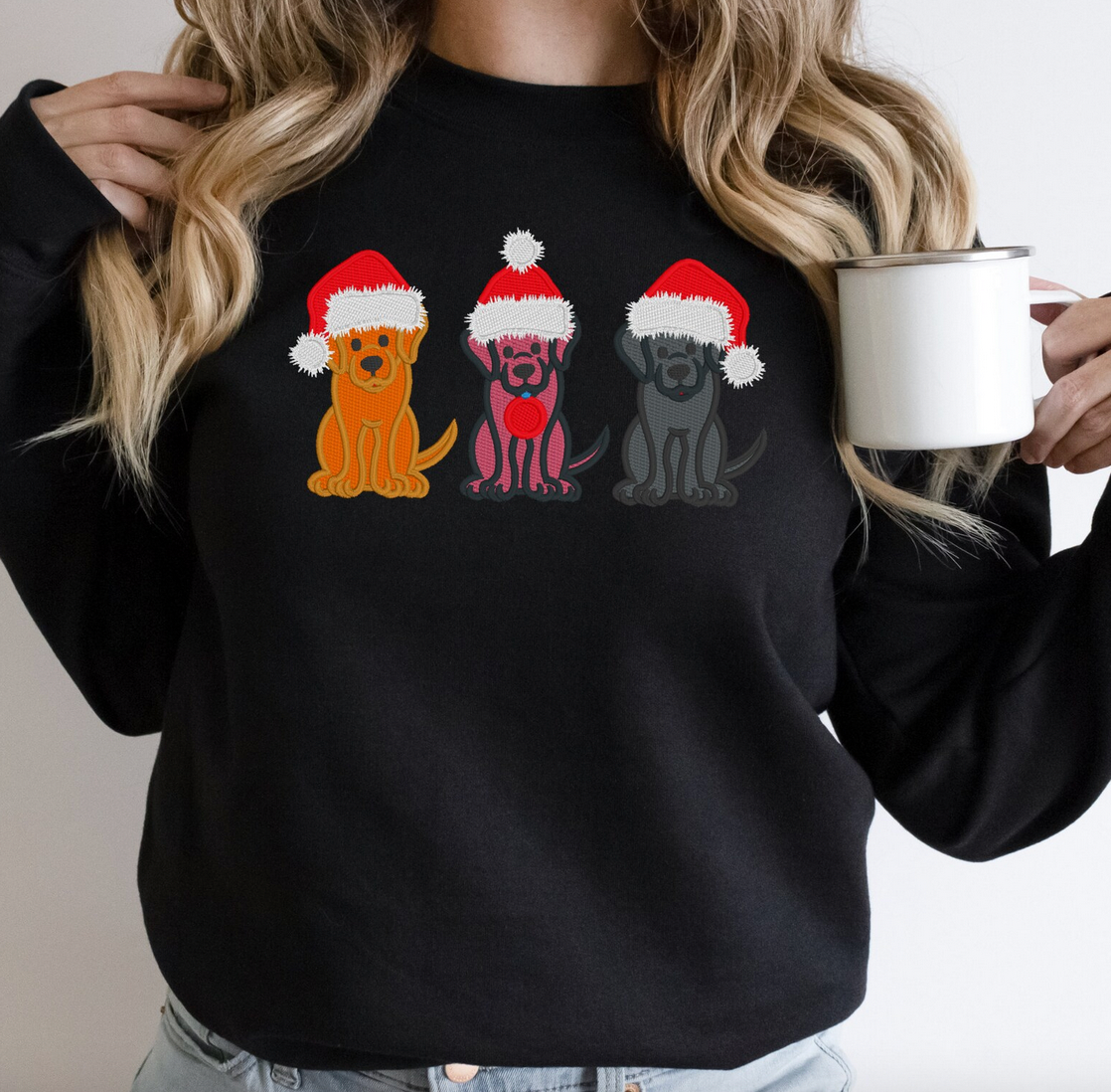 Santa Dogs Embroidered Christmas Sweatshirt | Dog Mom Gift — garment details