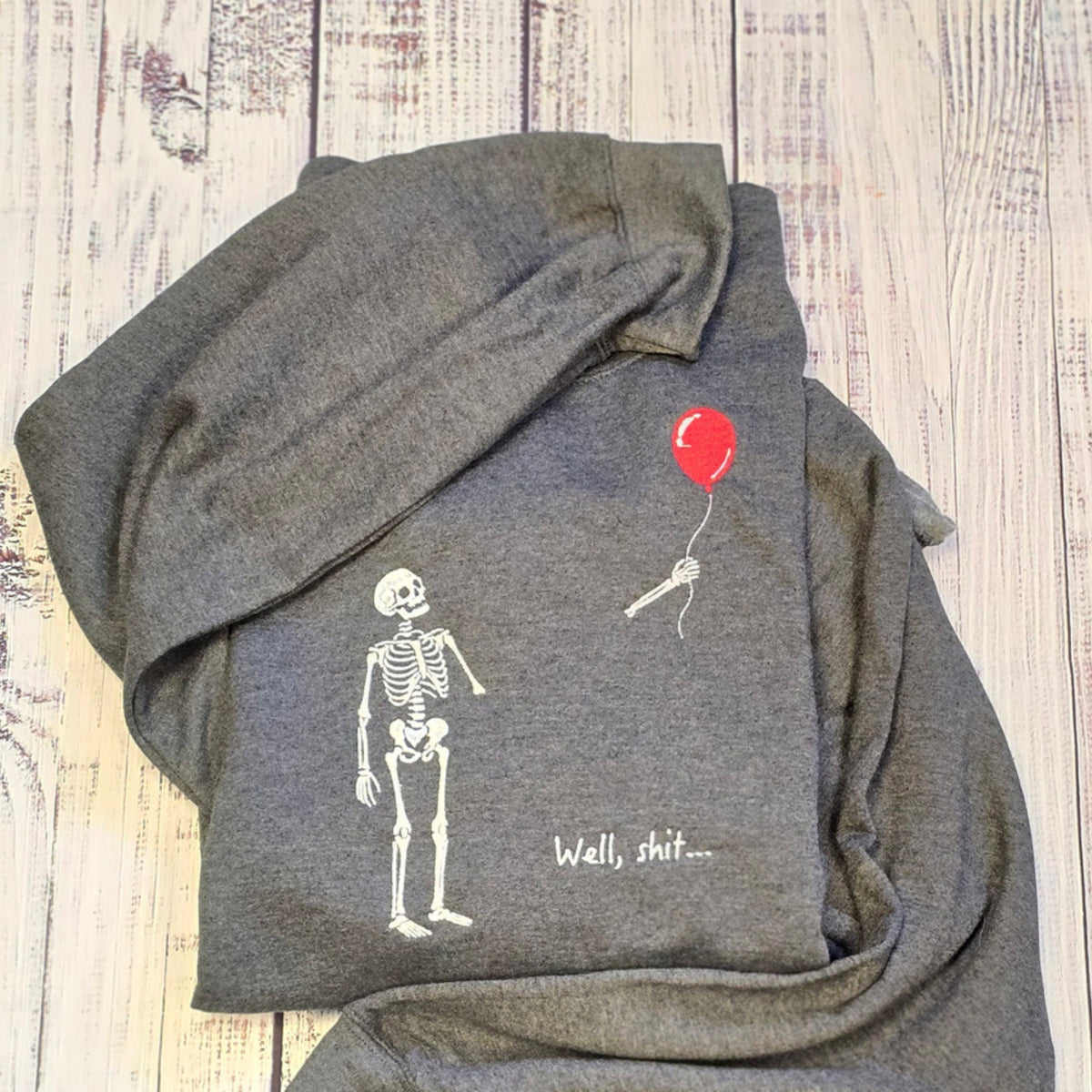 Heather Black sarcastic Halloween skeleton embroidered crewneck sweatshirt flat lay