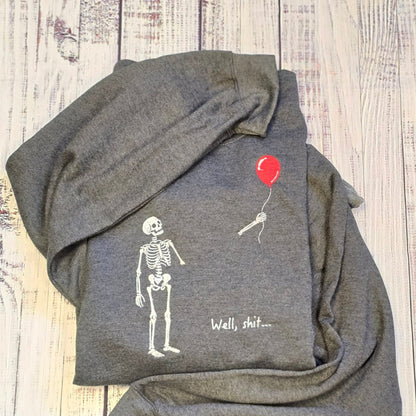 Heather Black sarcastic Halloween skeleton embroidered crewneck sweatshirt flat lay