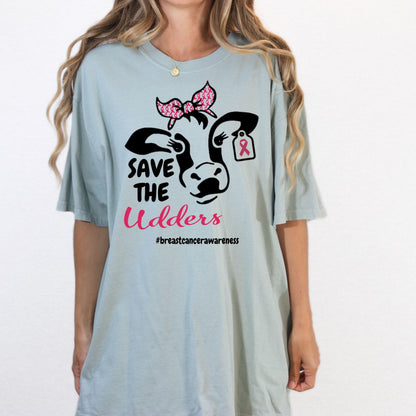 Blue Save the Udders breast cancer awareness cow shirt modeled from the front