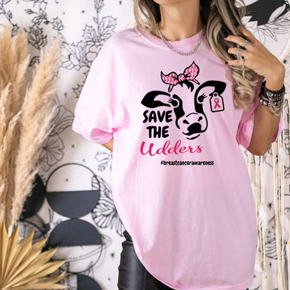 Pink Save the Udders breast cancer awareness shirt styled indoors