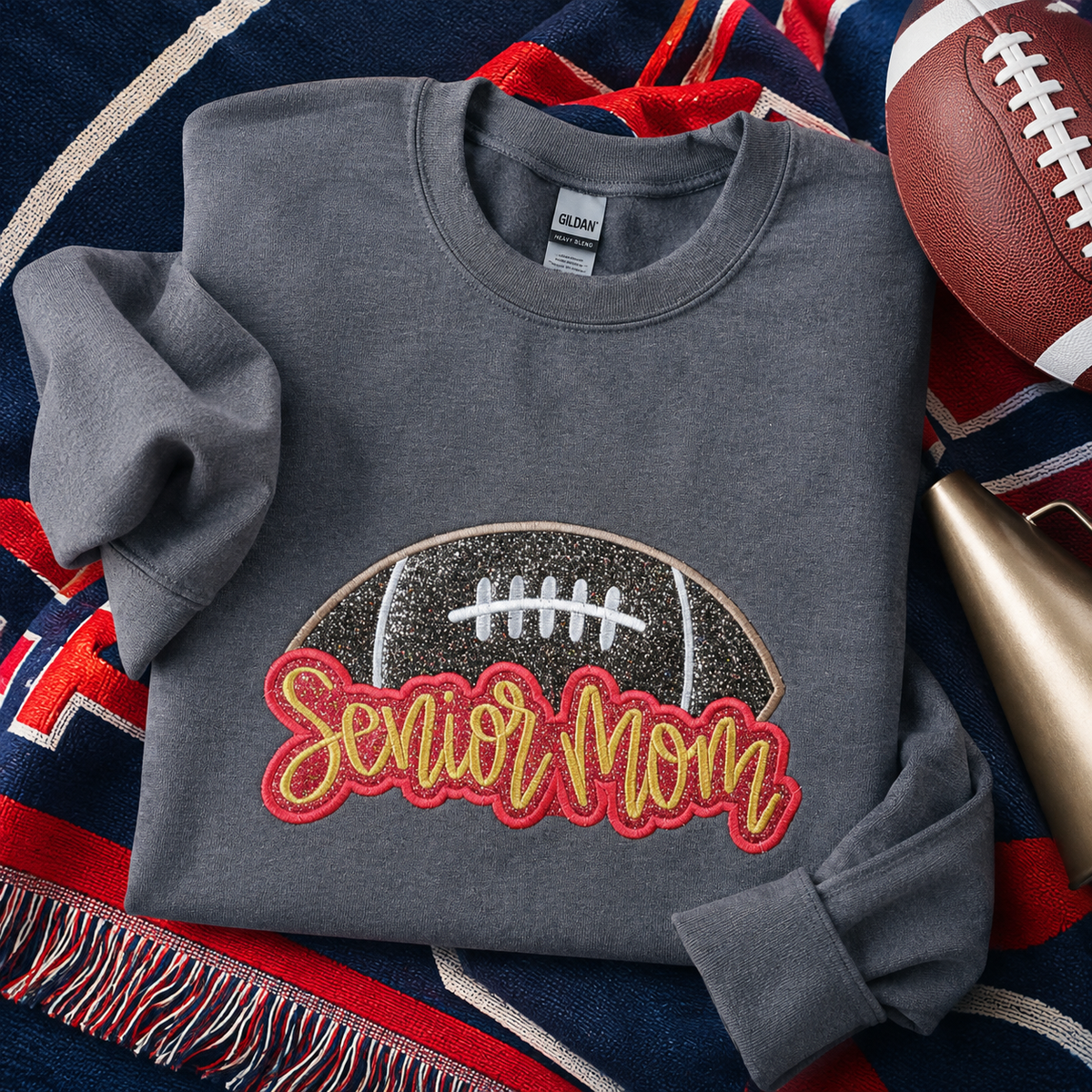 Dark Heather Senior Mom football glitter vinyl applique embroidered Gildan sweatshirt flat lay