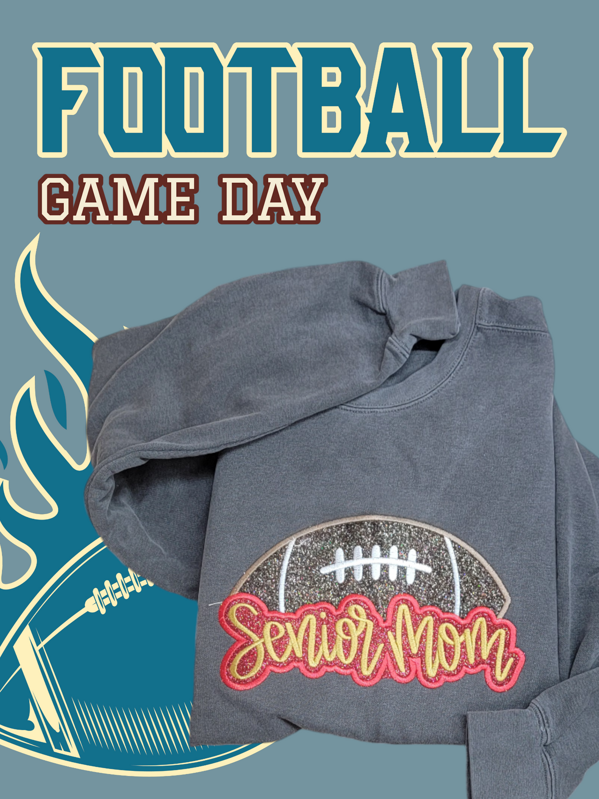 Real photo of Sport Grey Senior Mom football glitter vinyl applique embroidered Gildan sweatshirt