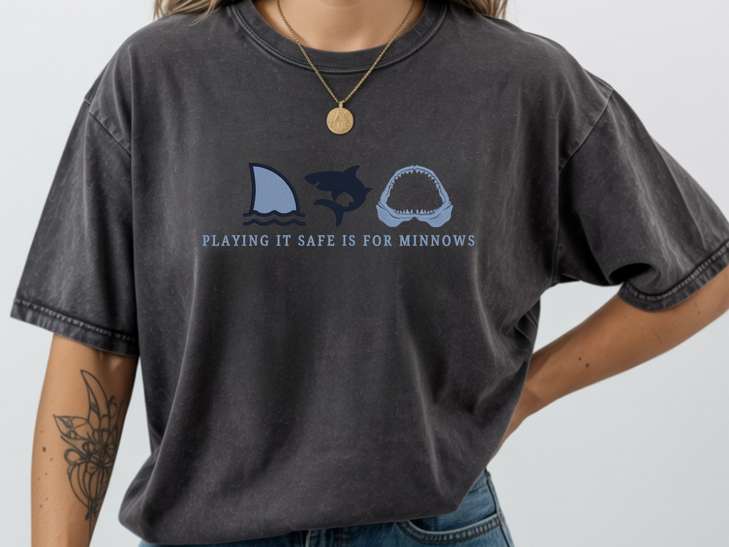 Comfort Colors pepper t-shirt with shark graphics and text.