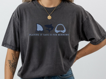 Comfort Colors pepper t-shirt with shark graphics and text.