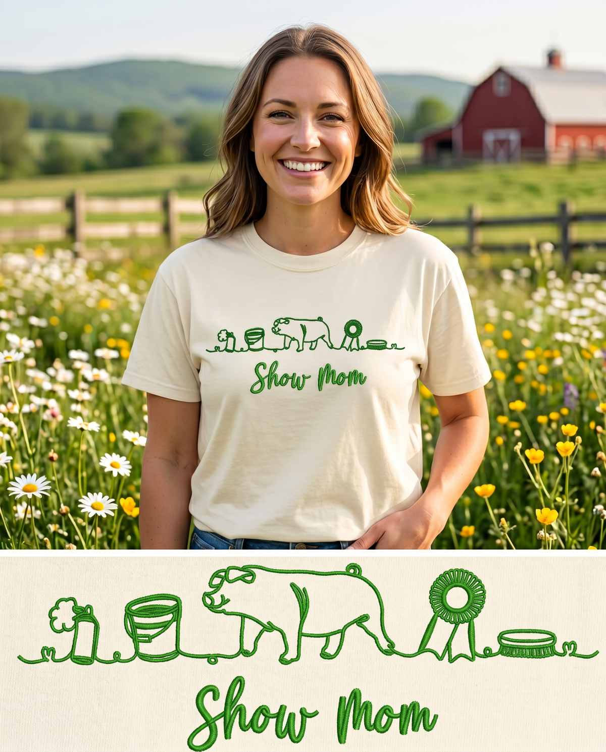 Comfort Colors Ivory short-sleeve Show Mom embroidered shirt with continuous-line show pig and rosette design