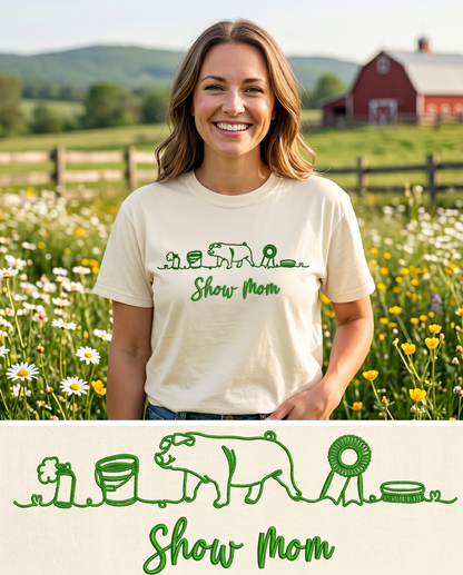 Comfort Colors Ivory short-sleeve Show Mom embroidered shirt with continuous-line show pig and rosette design