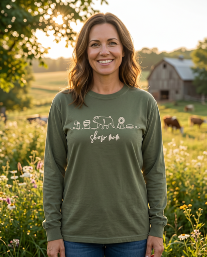 Comfort Colors Moss long-sleeve Show Mom embroidered shirt with white continuous-line show pig design