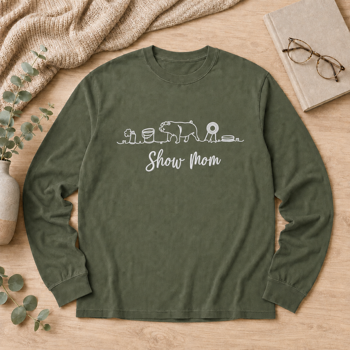 Moss Comfort Colors 6014 Show Pig Mom shirt with white embroidery flat lay