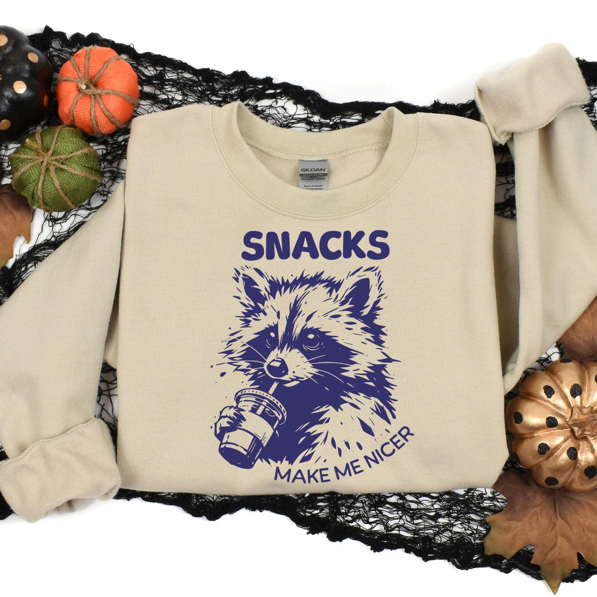 Sand raccoon snack sweatshirt styled in a Halloween flat lay