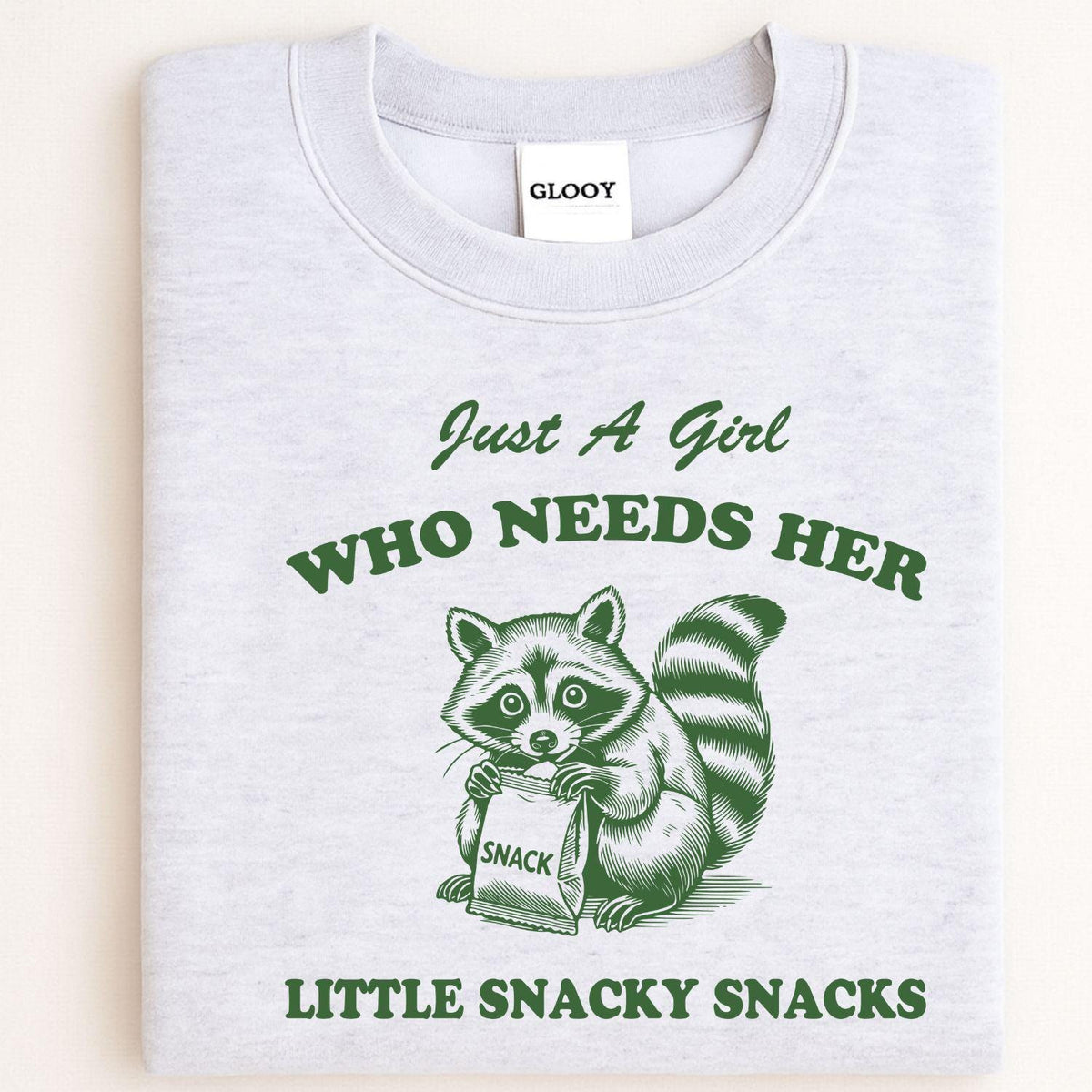 Sport gray Just a Girl snacky snacks raccoon sweatshirt folded flat