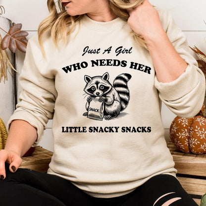 Sand funny raccoon snack lover sweatshirt modeled indoors