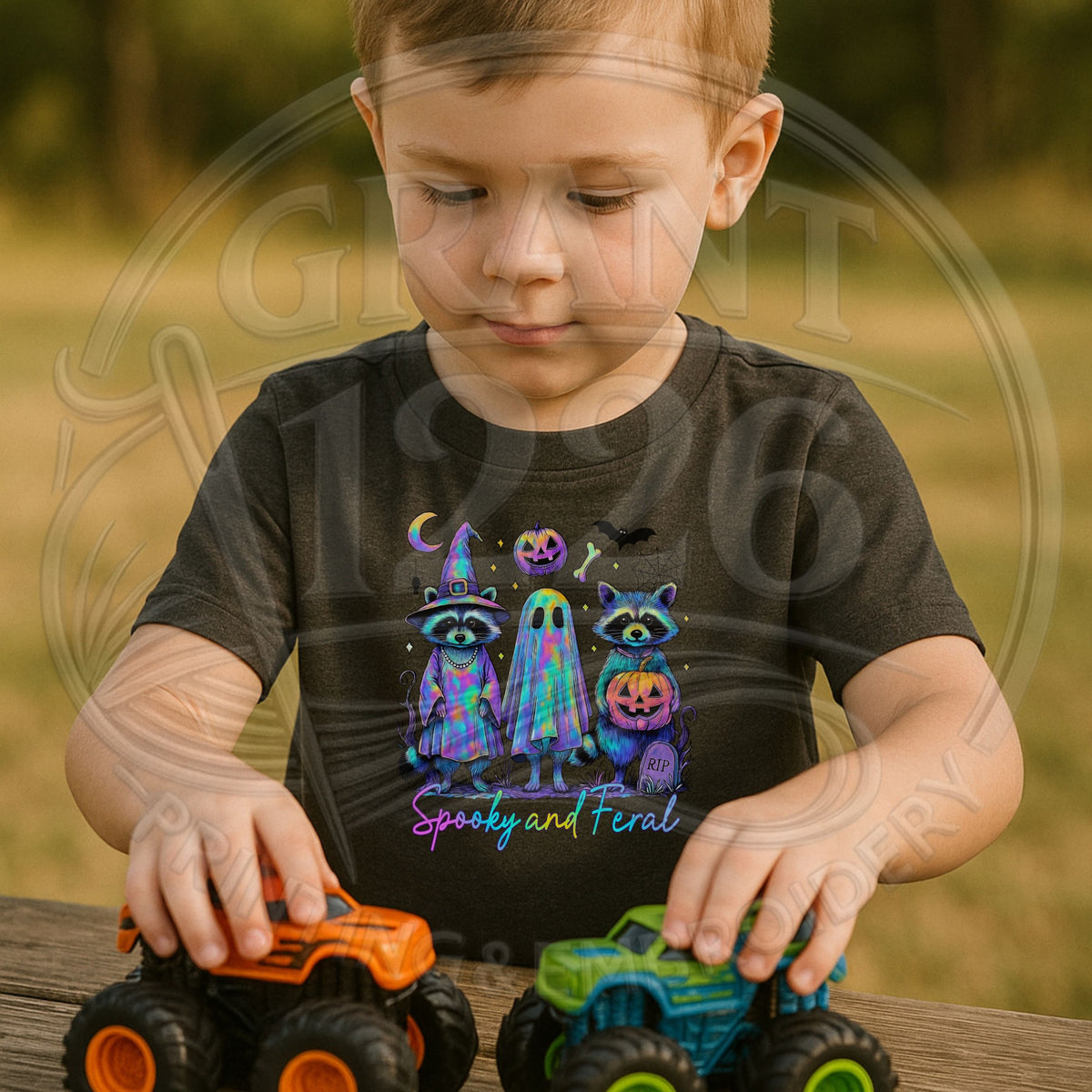 Child wearing black Spooky and Feral raccoon and ghost Halloween T-shirt