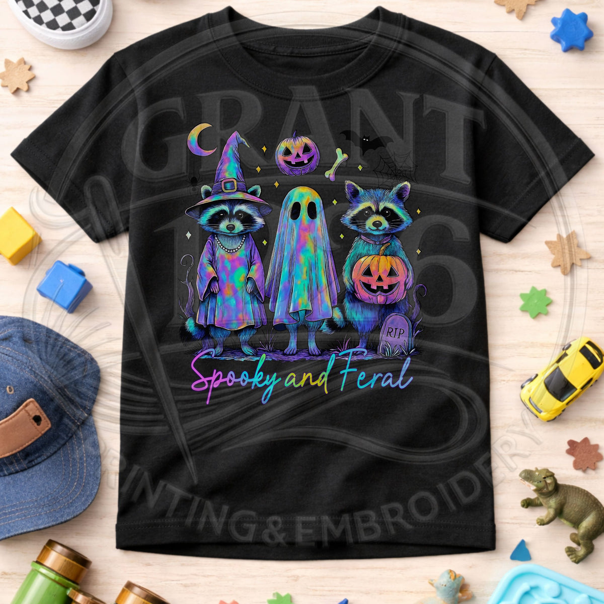 Black kids Spooky and Feral Halloween T-shirt with colorful raccoons and ghost