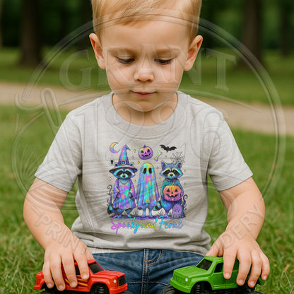 Child wearing gray Spooky and Feral raccoon and ghost Halloween T-shirt