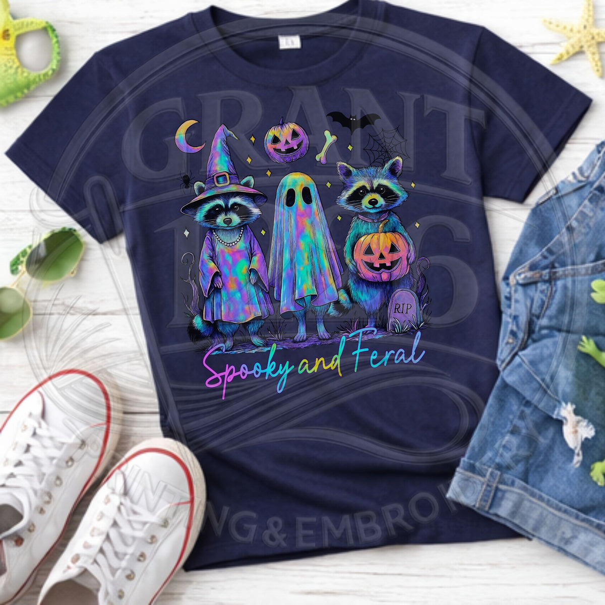 Navy kids Spooky and Feral Halloween T-shirt with raccoon and ghost graphic