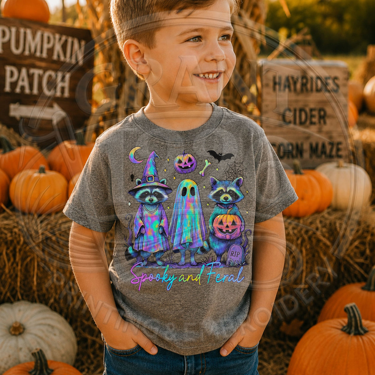 Child wearing Spooky and Feral raccoon ghost Halloween shirt at pumpkin patch