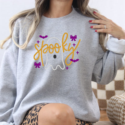 Ash Spooky ghost embroidered sweatshirt with orange lettering, purple bows and bats