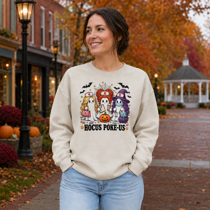 Spooky healthcare worker ghost design on Sand Gildan Softstyle crewneck sweatshirt