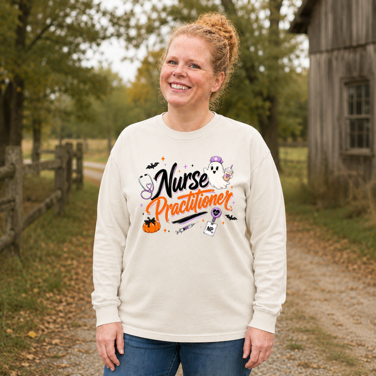 Spooky NP ghost long sleeve shirt in Ivory Comfort Colors