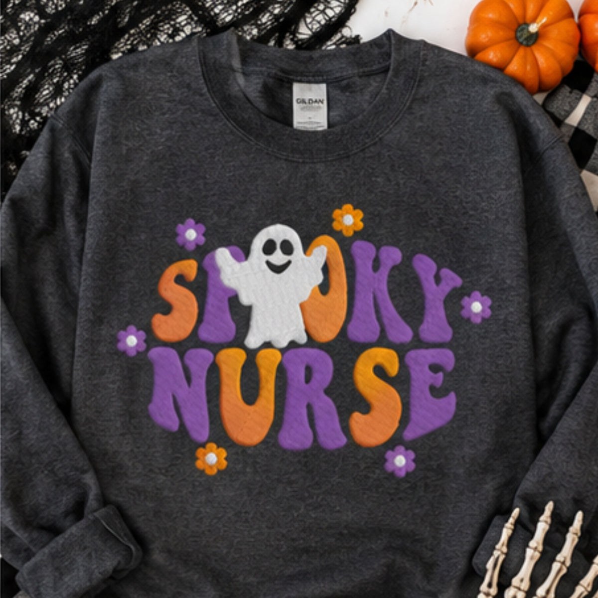 Dark heather Gildan G18000 Spooky Nurse embroidered Halloween sweatshirt