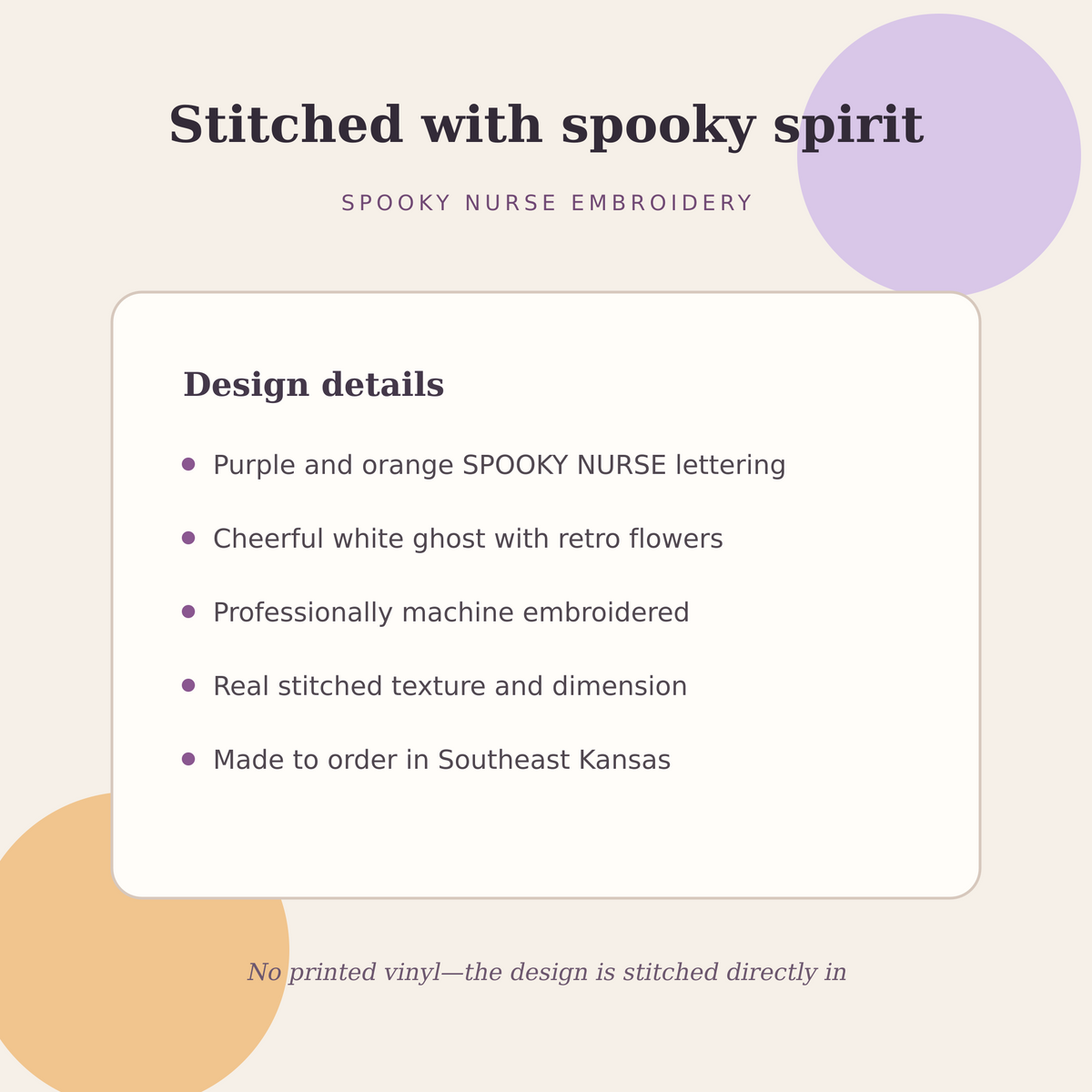 Design details for the Spooky Nurse embroidered Halloween sweatshirt with purple and orange lettering, a white ghost and retro flowers
